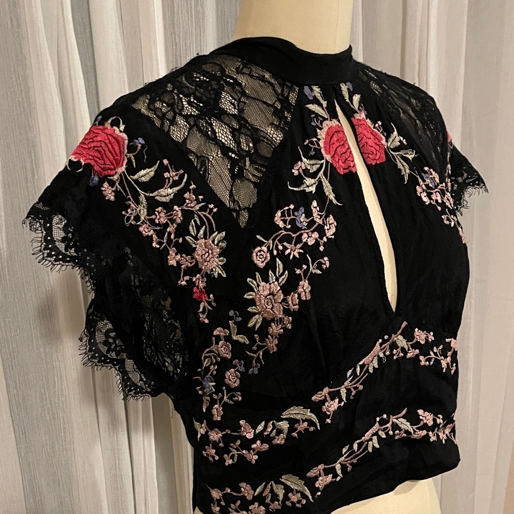Sold!! Free People Black Lace Top with Floral Embroidery - Picture 3 of 12